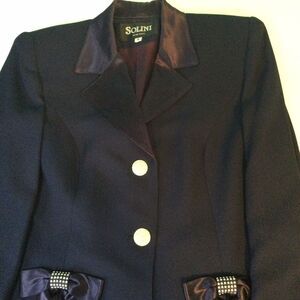 Solini New York Womens Blazer 6 Navy Satin‎ Collar/lining Bows Shoulder Pads USA